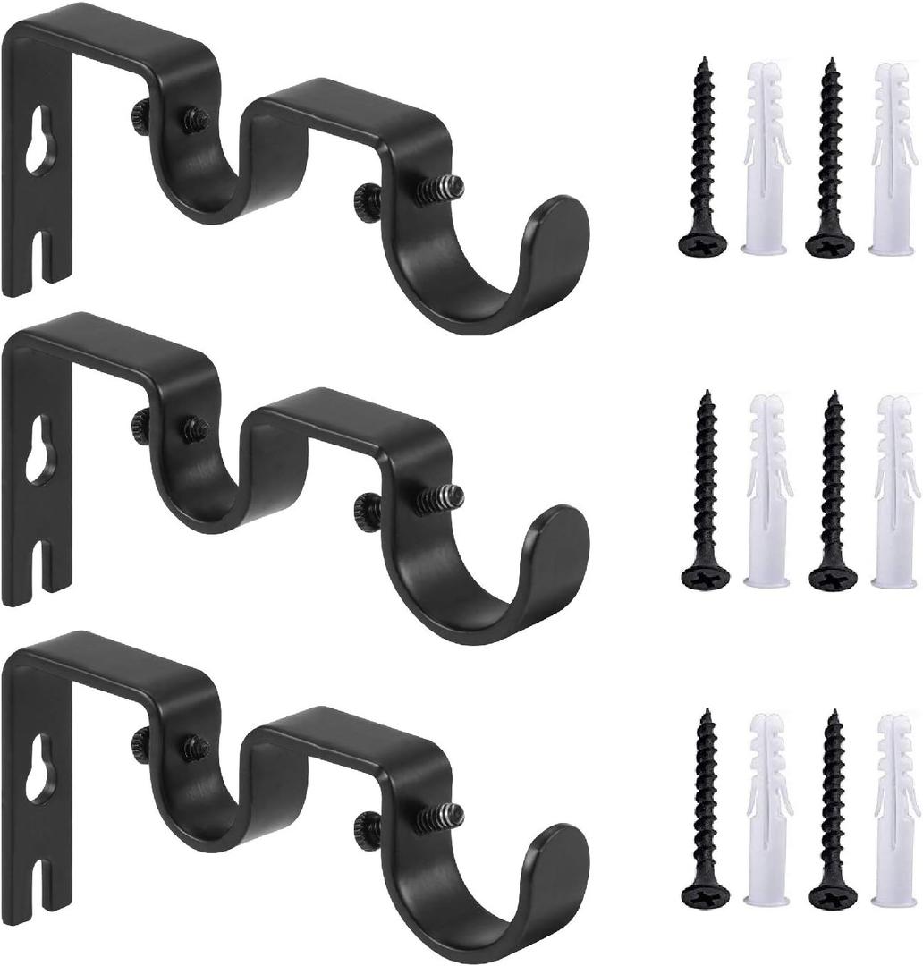 Heavy Duty Curtain Rod Brackets - Double Rod Holders 1" and 5/8" Inch (Set of 3, Black) Heavy Duty Curtain Rod Brackets - Double Rod Holders 1" and 5/8" Inch (Set of 3, Black)