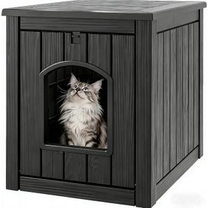 Cat Litter Box Enclosure, Plastic Outdoor Cat House Weatherproof, Multi-Functional Hidden Litter Box Furniture for Living Room, Backyard, Patio, Black, 23.5"D x 18.5"W x 22.5"H