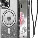 LAPOPNUT for iPhone 15 Magnetic Case [Compatible with MagSafe][Glitter Card & Wrist Strap],Girls Women Bling Sparkle Rhinestone Diamond Raised Lens Protection Cover for iPhone 15 6.1",Black