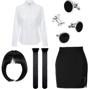 Yahenda 5 Pcs Halloween Costume Women Black Bob Wigs Skirt Thigh High Stockings Shirts Cuff Links for Halloween Cosplay (L)