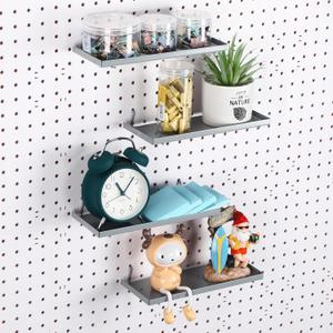 4 Pcs Pegboard Shelves, 10 x 4 Inch Metal Shelf Brackets Pegboard Tray Accessories Wall Organizer for Craft Room Home Garage Nursery Workbench Kitchen (Gray) (Grey)