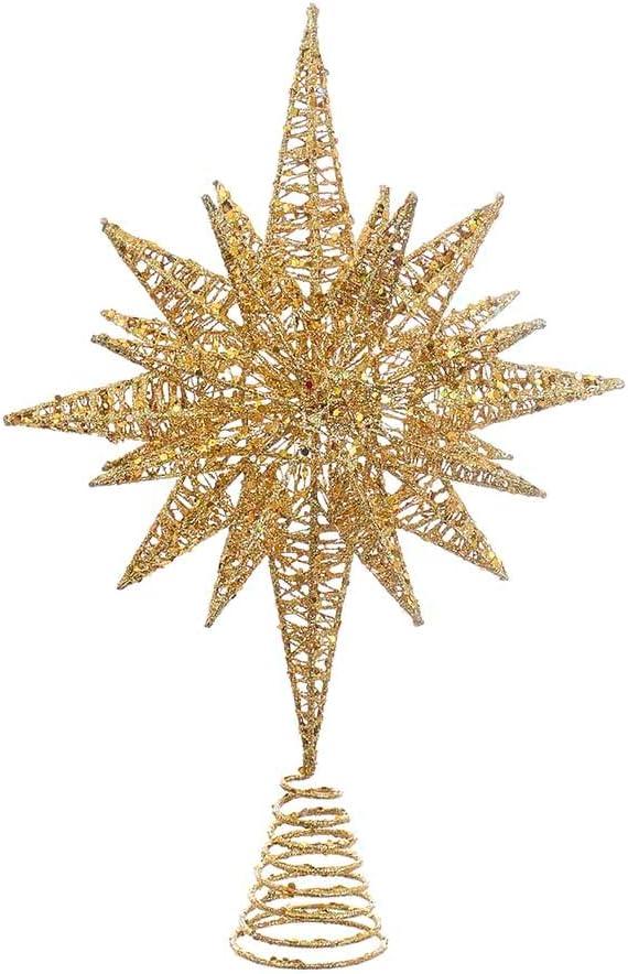 Kurt Adler Un-Lit Gold Glitter Wire 3D Star Treetop, 16.5-inch Length, Gold-Tone, Metal, Holiday Decor