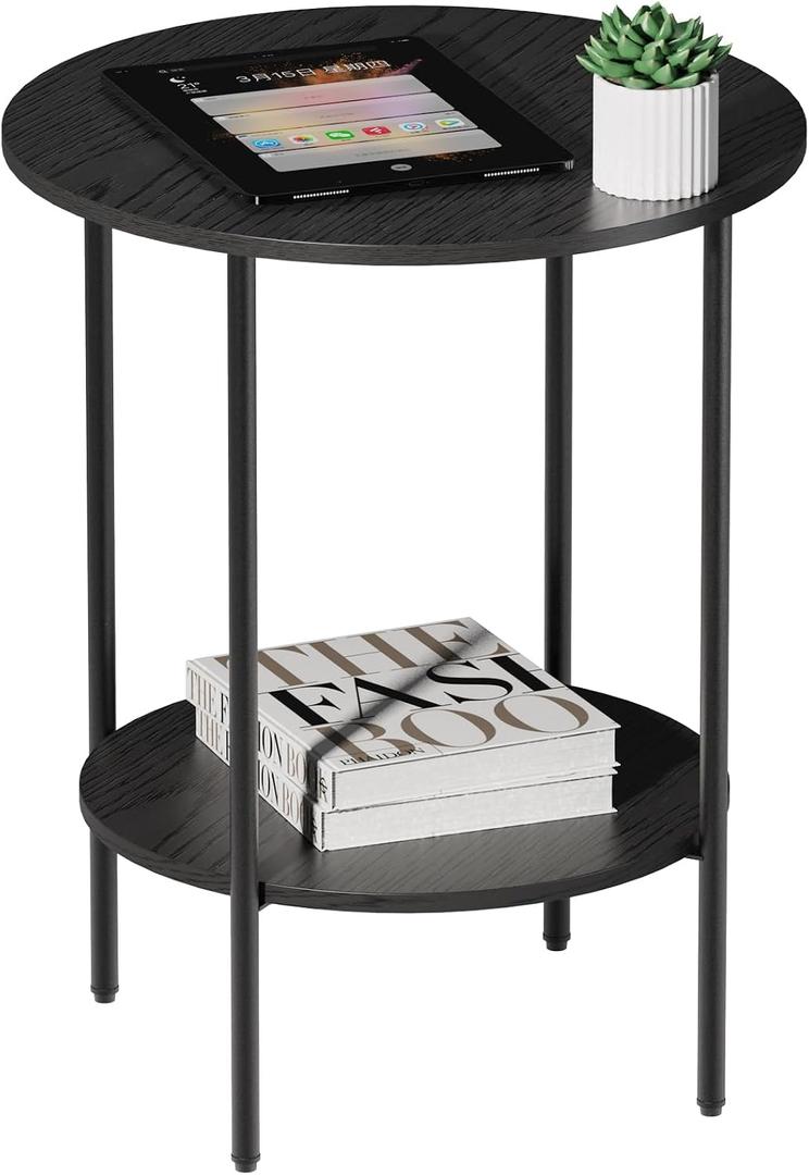 Side Table,Round End Table with 2 Storage Shelves| Compact Side Tables for Living Room, Couch, Office & Bedroom | Narrow Accent Table as Space-Saving Small Bedside Table 18x18x22in(Black), Large