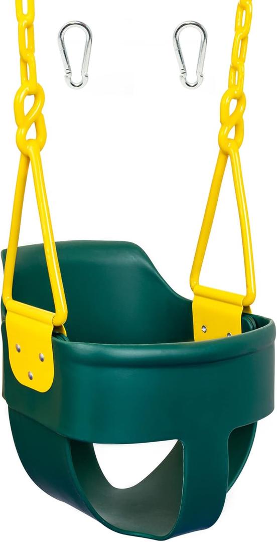 Premium High Back Full Bucket Toddler Swing Seat with Finger Grip, Plastic Coated Chains for Safety and Carabiners for Easy Install - Green - Squirrel Products