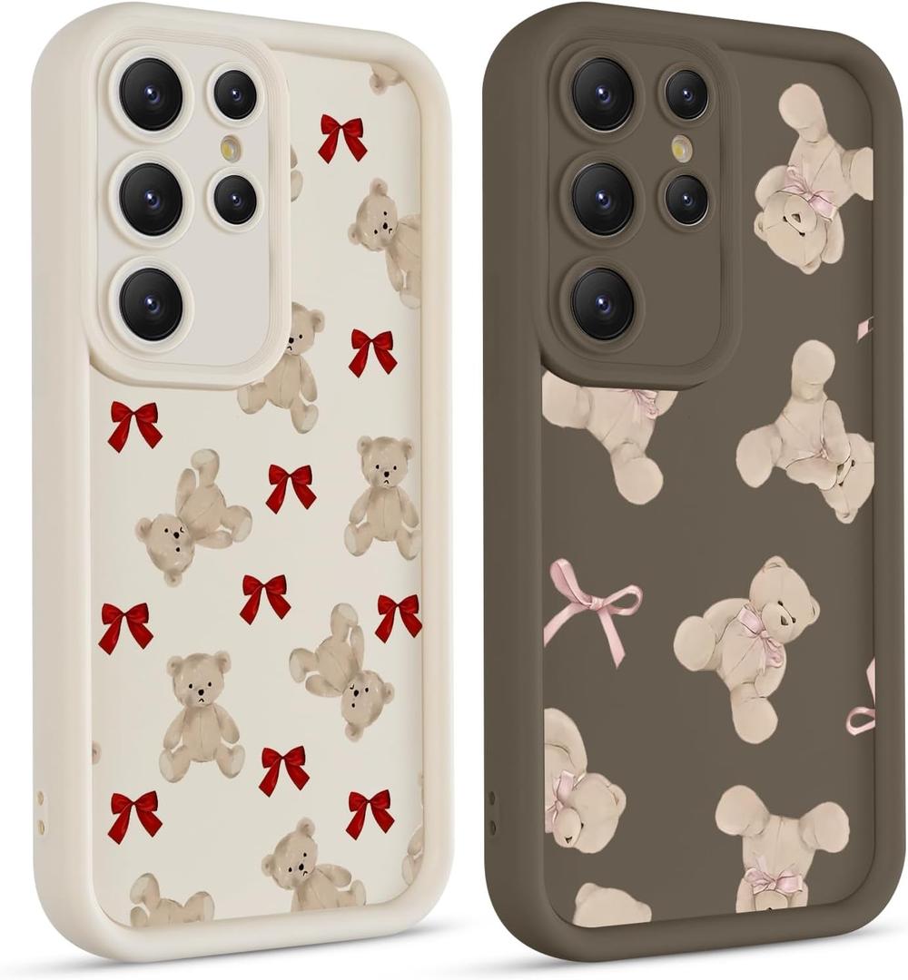 2 Pack Cute Coquette Bow Phone Case for Samsung Galaxy S24 Ultra 5G 6.8", Aesthetic Bear Pink Ribbon Bowknot Pattern Print Design Women Girls Case Soft Shockproof TPU Protective Funda Cover
