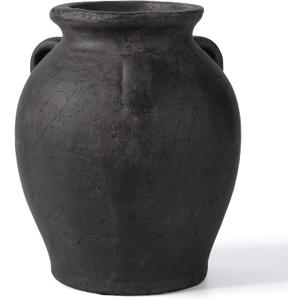 9.5'' Tall Black Terracotta Vase, Antique Black Ceramic Vase, Large Pottery Vases for Home Decor, Distressed Vintage Pottery with 3 Ear Design and Matte Finish