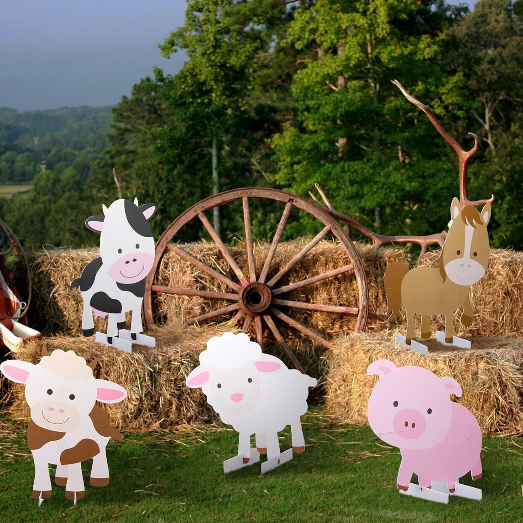 Pinkunn 5 Pcs Farm Animal Yard Party Signs Decoration, 15.7-21.7 inch Farm Animal Cardboard Cutouts Thanksgiving Party Lawn Decoration for Farmhouse Theme Barnyard Birthday Baby Shower Yard Decor