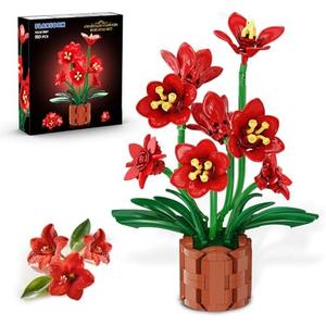 PLAXSOON Amaryllis Flowers Bonsai Building Set, Mother's Day Botanical Collection Building Block, Artificial Plant Kit Home Decor, 503 PCS Flower Bouquet Bonsai for Her Adults Kids Boys Girls 12+
