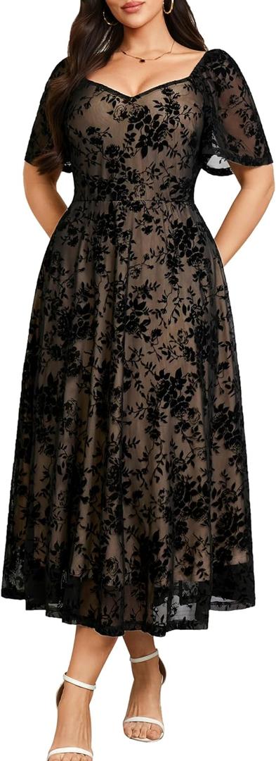 RWJ Plus Size Women 2026 Formal Wedding Guest Dress Spring Evening Party Cocktail Elegant Off Shoulder Mesh Maxi Dresses (Black, XXXL)