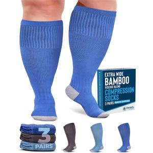 Doctor's Select 3 Pairs Plus Size Compression Socks Wide Calf | Bamboo Viscose Knee High Socks for Circulation Support | Nurses, Travel, Running | Blue, Teal, Dark Gray