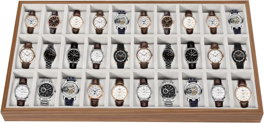 LOYALHEARTDY 30 Grid Watch Jewelry Tray Organizer Wooden Box Organizer Display Tray Watch Bracelet Display Holder with Removable Pillow for Men & Women Storage and Display