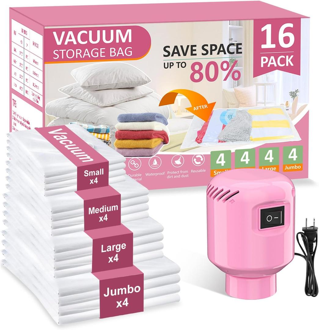 Vacuum Seal Bags for Clothing Travel, 16 Pack Space Saver Vacuum Storage Bags with Electric Pump,Portable Compression Sealer for Clothes,Blankets,Bedding & Travel Essentials,Good for Luggage Packing (Pink Small x4,Medium x4,Large x4,Jumbo x4)