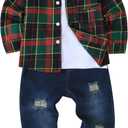 Renotemy Toddler Boy Clothes Fall Winter Outfits 3Pcs Fashion Flannel Shirts Ripped Jeans Pants Kids Boys Clothing Sets (6-7 Years, Dark Green)