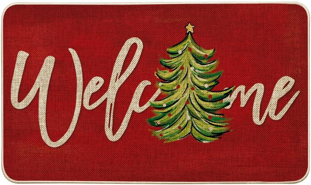 Artoid Mode Red Xmas Tree Christmas Welcome Doormat, Winter Home Decor Low-Profile Switch Rug Door Mat Floor Mat for Indoor Outdoor 17x29 Inch