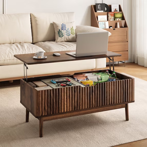 YouTrend Fluted Lift Top Coffee Table with Storage, 39.4" Width Rising Coffee Tables with Hidden Compartment, Wood Center Table for Living Room Office, Brown