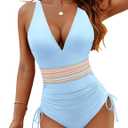 Blooming Jelly Women Tummy Control Swimsuits One Piece Slimming Modest Bathing Suit Color Block Drawstring Swim Suits (Large, Blue)