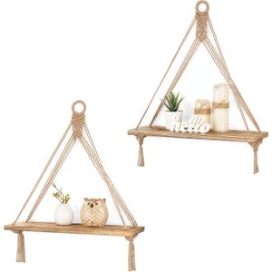 Mkono Macrame Hanging Shelves Boho Wall Decor Set of 2 Rustic Wood Floating Storage Shelf for Bedroom Bathroom Living Room Nursery Dorm Room, Display Shelving for Hanging Plants Photos (Brown)