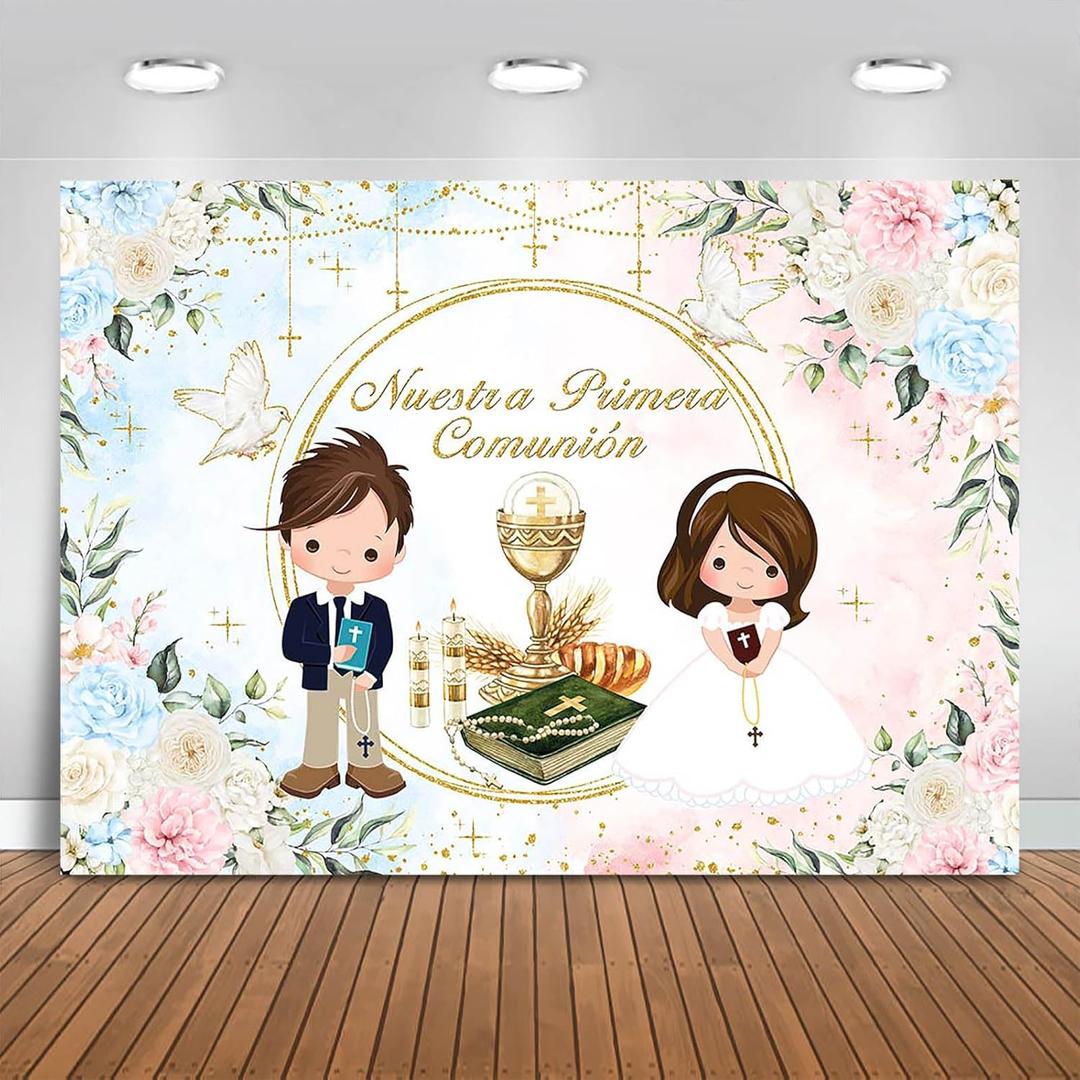 Nuestra Primera Comunin Backdrop 7x5ft Baptism God Bless First Holy Communion Background Party Decorations Blue Pink Floral Christening Banner Photo Booth Props