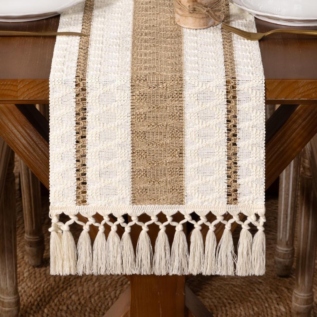 DeZerlor Boho Macrame Table Runner Christmas Farmhouse Woven Table Runner with Tassels 90 Inches Ivory& Burlap Brown Cotton Linen Kitchen Table Centerpiece for Dining Dresser Home Tea Table Decor (12" x 90")