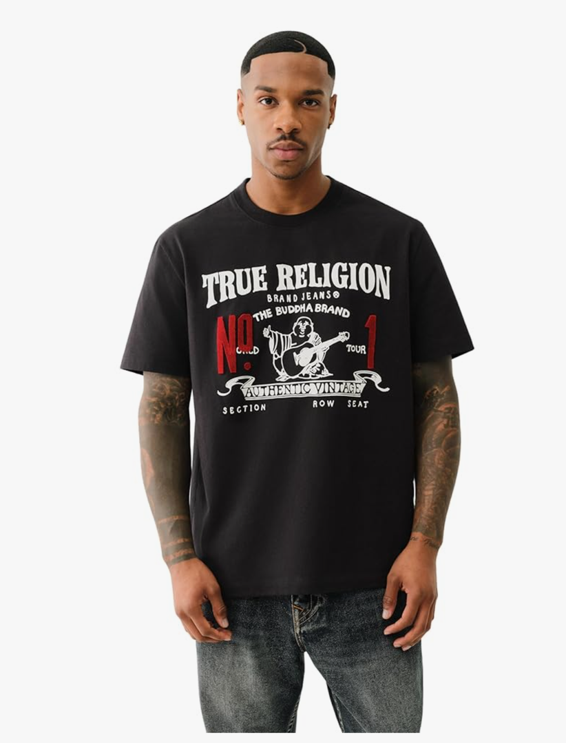 True Religion Men's Short Sleeve True Vintage No.1 Tee - Casual Graphic Crew Neck T-Shirt, Size Large