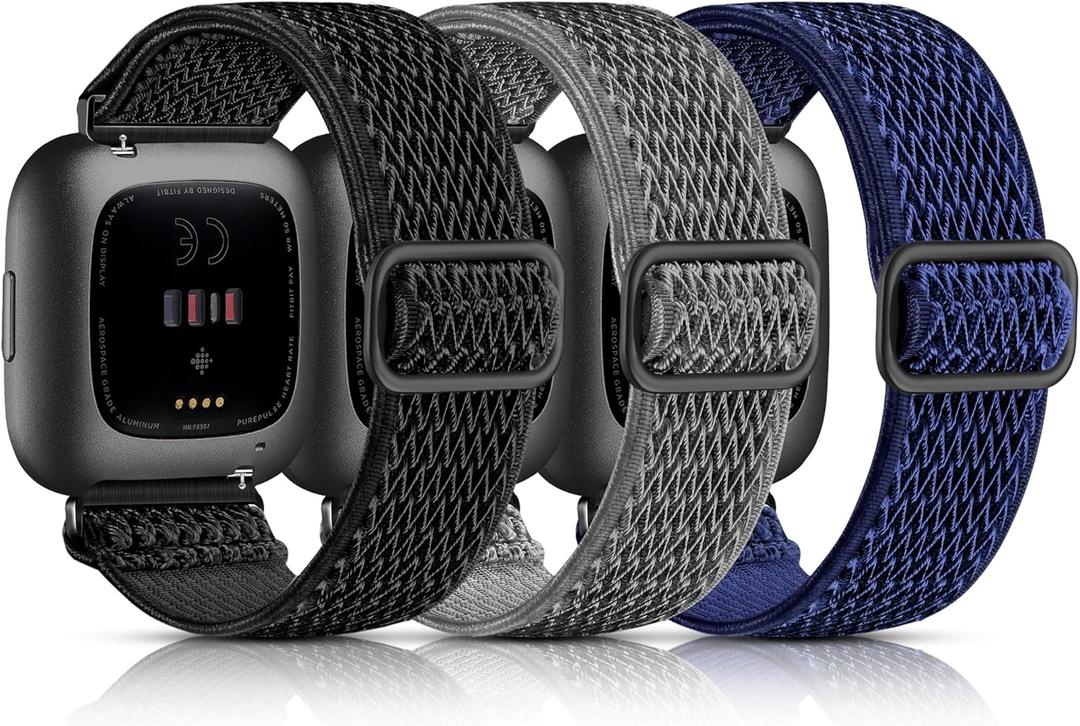 Maledan Stretchy Solo Loop Compatible with Fitbit Versa/Fitbit Versa 2 Bands for Men Women, 3 Pack Flexible Breathable Nylon Woven Sport Replacement Watch Band for Fitbit Versa, Black/Blue/Gray