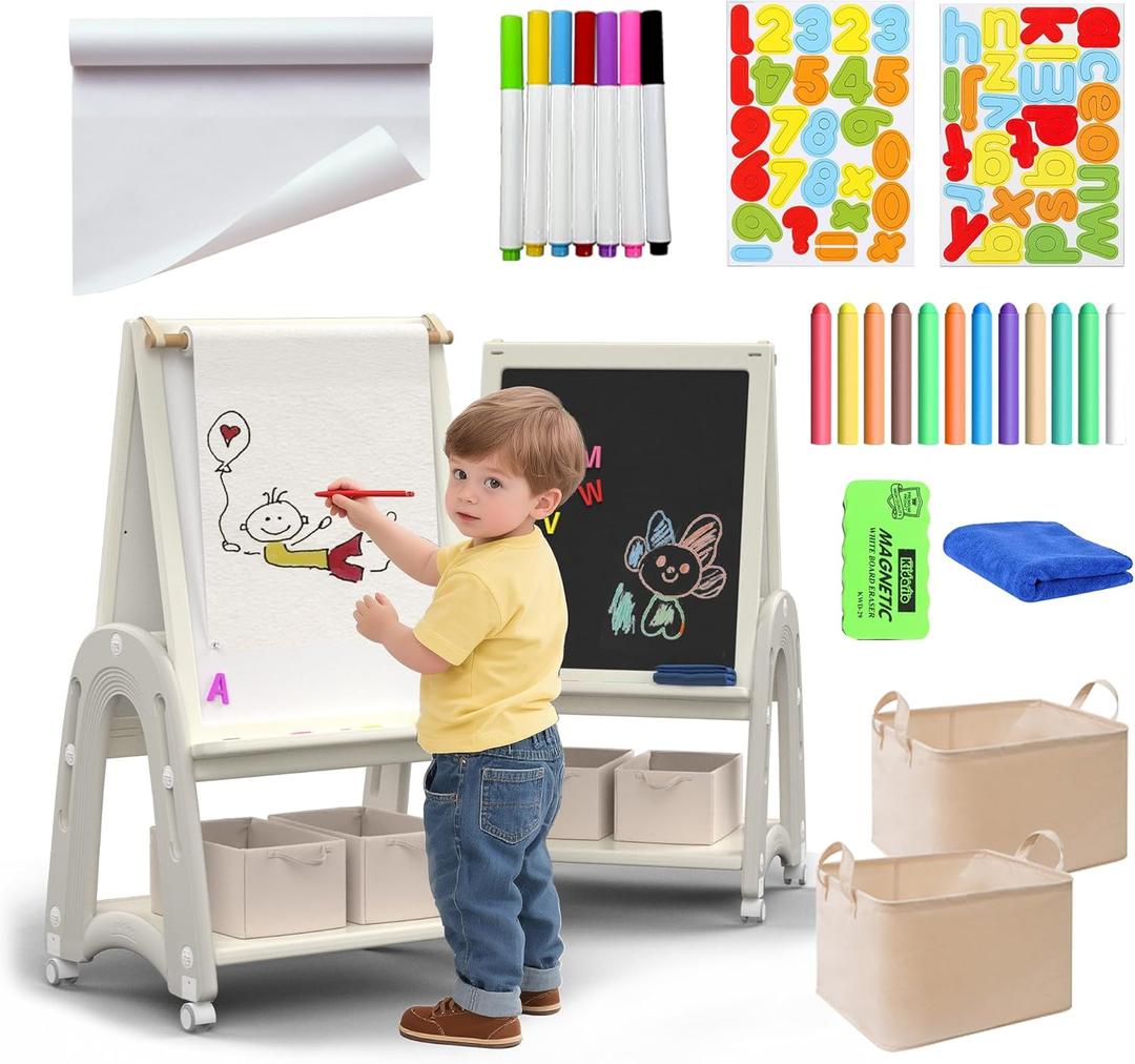 Art Easel for Kids 2-4 with Wheels, Whiteboard, Chalkboard & Paper Roll Adjustable Height 3-in-1 Toddler Easel for 2-4 Year Old Painting Easel for Kids with Storage & Accessories, Grey