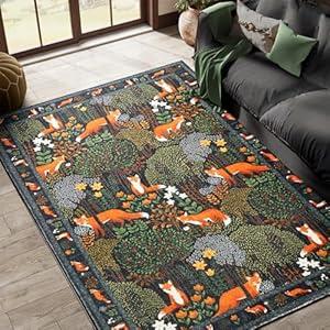 Estmy Green Black Botanical 8x10 Area Rug Washable, Vintage Floral Cottagecore Woodland Indoor Living Room Rug, Cute Abstract Tropical Jungle Forest Area Rug Large Carpet for Dining Room Bedroom Dorm