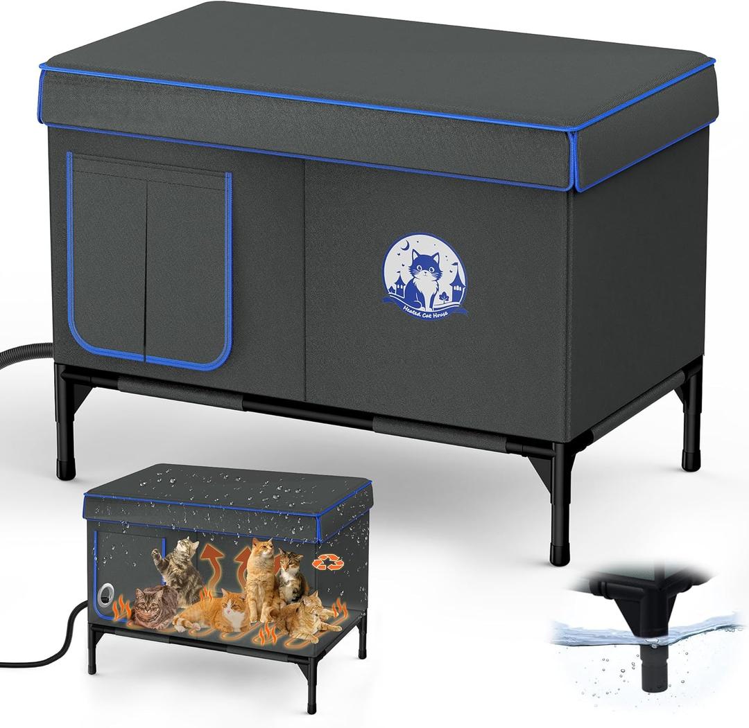 Heated Outdoor Cat House for Winter, 100% Waterproof XXL Shelter (29"x17"x21") with Escape Door & Heating Pad, Insulated for Feral Cats & Small Dogs