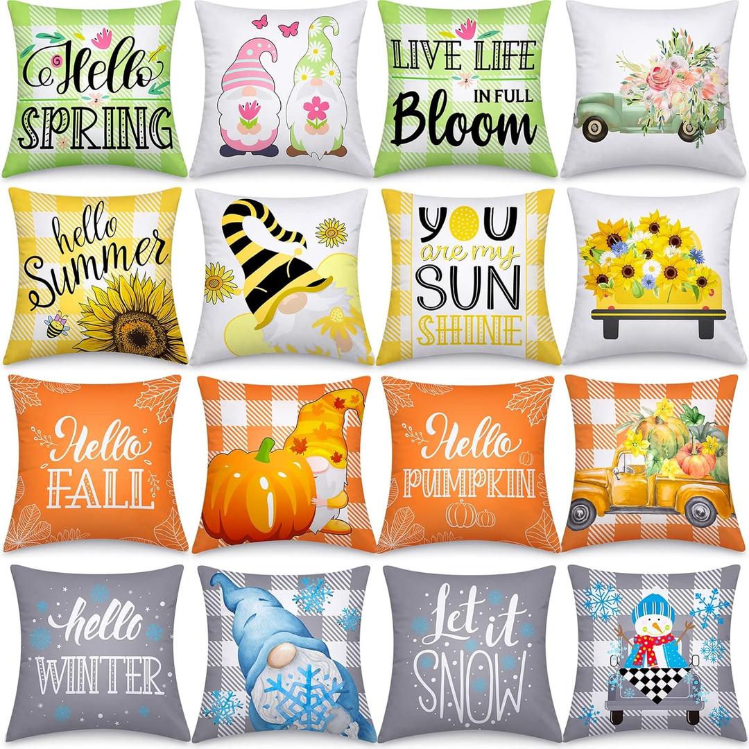 Tatuo 16 Set Seasonal Pillow Covers 18 x 18 Inch Spring Summer Sunflower Gnome Pillow Covers Holiday Farmhouse Decorative Cushion Cases for Holiday Home Couch Sofa Decor