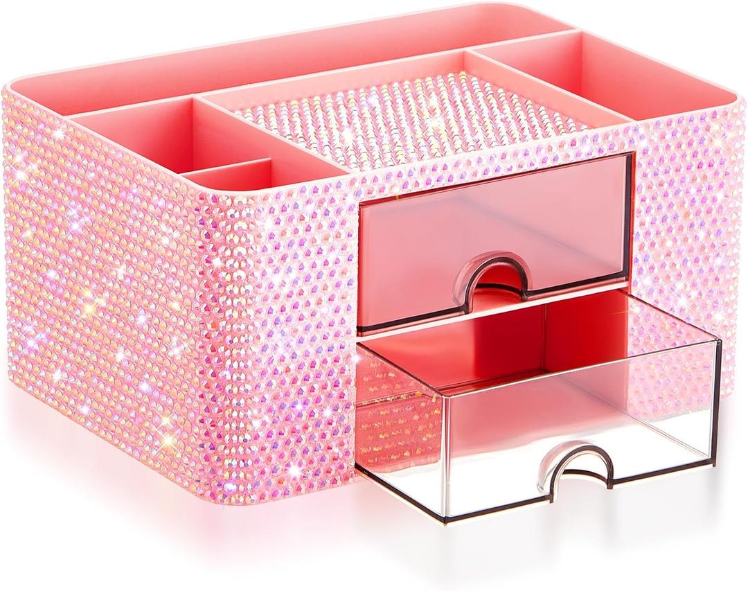 Pink Bling Desk Organizer with 2 Drawer, Sparkly Makeup Organizer for Vanity, Girly Desk Accessories, Rhinestone Pen Holder, Elevate Your Workspace with Pink Serenity (Diamond)