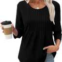XIEERDUO 3/4 Length Sleeve Tops for Women 2025 Crewneck Casual Pleated Tunic Tops Loose Fit Shirts Blouses (Black)