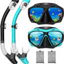 Snorkeling Gear for Adults, Panoramic Wide View Mask Dry Snorkel Set, Leak-Proof and Anti-Fog Snorkel Kit with Mesh Bag (Black+Green)