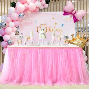 Albassa Pink Tulle Table Skirt for Rectangle or Round Tables Pink Ruffle Baby Shower Tablecloth for Birthday Party Cake Dessert Table Decorations (168" x 30" (Rectangular))