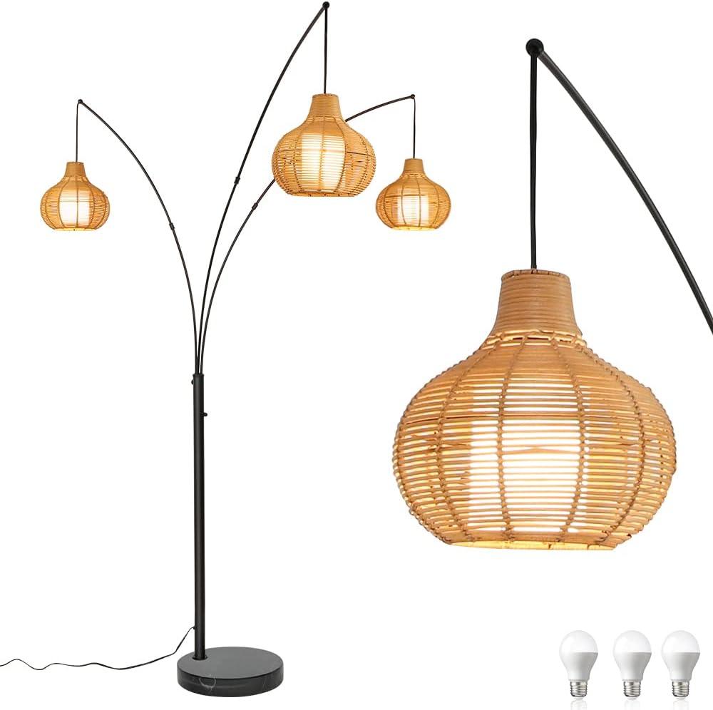 Depuley 3-Light LED Arc Floor Lamps, Adjustable Modern Tall Standing Reading Lamp with Bamboo Lampshades & Marble Base, Rattan Floor Lamp for Living Room Bedroom Office Study, E26 Bulbs Included (Black- Brown)