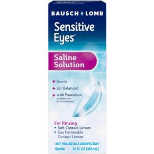 Bausch + Lomb Sensitive Eyes Saline Solution, Gentle Daily Rinse for Soft & Gas Permeable Contact Lenses, with Potassium, 12 Fl Oz