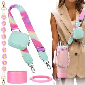 Mity rain Water Bottle Shoulder Strap Set for Stanley Cup, Cup Accessories for Stanley 20oz 30oz 40oz, Including Cup Holder Shoulder Strap with Purse, Carrying Handle Strap, Boot, Cup Ring (Pink)