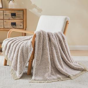EMME Soft Sherpa Fleece Blanket with Tassel, Reversible Plush Fluffy Large Blanket, Light Weight Warm Decorative Boho Blanket Cover for Sofa, Couch, Bedroom,Travel(Tassel Khaki,50"x60") (Throw)