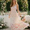 Sunny Spirit Women Floral Patchwork Dress Maxi Summer Boho Flowy Casual Sundress Spaghetti Strap V Neck Tiered Long Dresses (White)