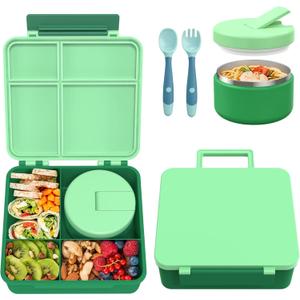 Bento Lunch Box with 8oz Soup Thermo, Kids Leakproof Lunch Food Containers with 4 Compartment, Kids Thermo Insulated Hot Food Jar for School, Trvael-Green