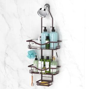 REINHARDT Shower Caddy Hanging Adjustable, Extended Length Rustproof Showers Caddy Over Showerhead with Hooks Soap Holder, Large Capacity Shower Organizer Anti-Swing Bathroom Organizer, Bronze (24.3-30.6)
