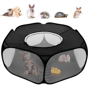 Small Animal Playpens with Top Cover, Foldable Breathable Small Pets Cage Tent Outdoor Indoor Portable Play Pen for Guinea Pig Hedgehog Hamster Cat Rabbit Bunny Puppy Ferret Rat Chicks (Black)