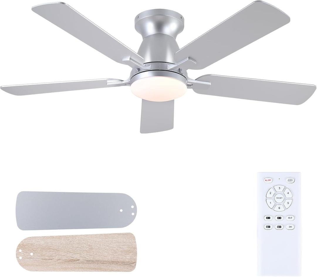 Ceiling Fans with Lights and Remote, 46 Inch Flush Mount Low Profile Ceiling Fan with Light, Ceiling Fan for Bedroom Living Room, Quiet DC Motor, Reversible, Dimmable LED, Silver