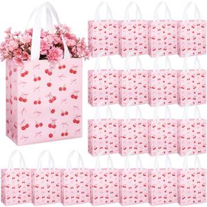 Supervitae 24 Pack Cherry Bow Birthday Gift Bags Red Pink Bow Cherry Medium Goodie Party Bags Spring Reusable Totes Non Woven Totes for Birthday Baby Bridal Shower Family Travel (9.8" x 7.9" x 3.9")