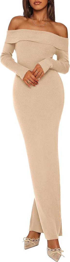 PRETTYGARDEN Womens Fall Sweater Dress 2026 Long Sleeve Off Shoulder Slit Maxi Bodycon Cocktail Party Dresses Spring Fashion (L)