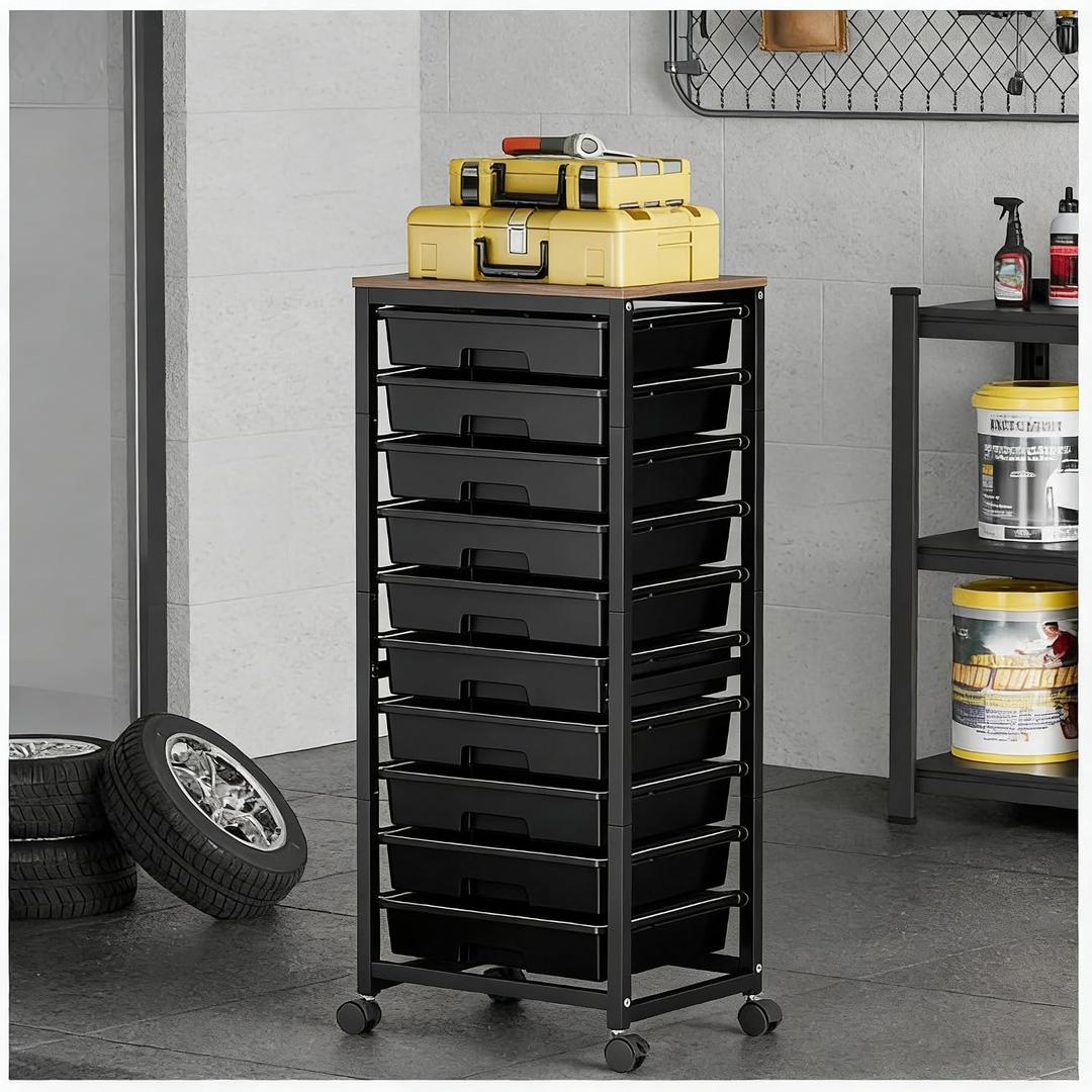 SYKIARIOL Rolling Cart with Drawers,10 Drawer Rolling Cart,Storage Cart,Utility Cart,Teacher Cart for Classroom Storage,Craft Cart with Wheels and Wooden Tabletop,Black