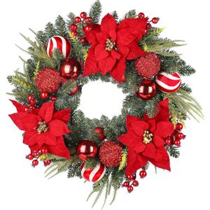 24 Inch Christmas Wreath, Artificial Christmas Wreath for Front Door, Decorated with Cypress Leaves, Christmas Flowers, Red Berries, Atmosphere Balls, Suitable for Indoor and Outdoor (Chrismats Wreath 19)