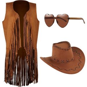 Cowgirl Outfits for Women 60s 70s Hippie Sleeveless Fringe Vest with Cowboy Hat and Sunglasses Halloween Costumes (Large, Brown)