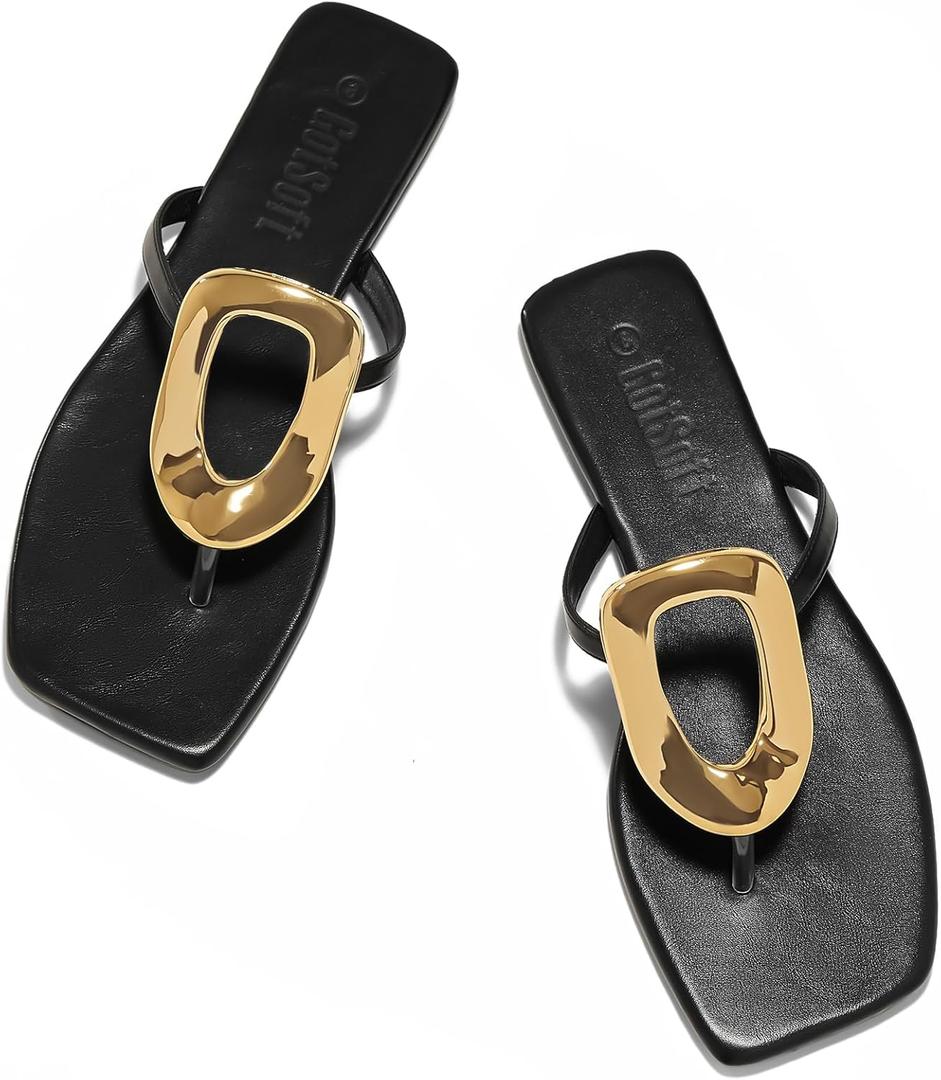 Women's Flat Sandals Summer Square Toe Flip Flops Comfortable Beach Flats Slip on Metal Decoration Slide Shoes, Size: 11