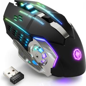 Wireless Gaming Mouse Bluetooth Mouse RGB Rechargeable 2.4G USB Cordless Computer Mice with 7 Color Backlit, 6 Buttons & Silent Click for Laptop, iPad, Mac OS, PC, Windows -Black