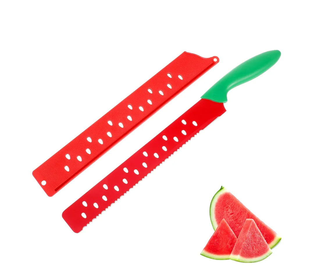 DECHOUS Watermelon Knife with Sleeve: Long Serrated Watermelon Knife for Melon Cutting - Kitchen Fruit Melon Cutter Slicer for Home Summer Party Fruit Serving (Red Green)